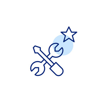 Tools, wrench and screwdriver and star. Trusted professional service, certified repairs. Pixel perfect, editable stroke vector icon
