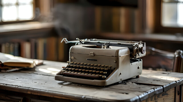 Vintage Typewriter on a Wooden Desk in a Library Setting