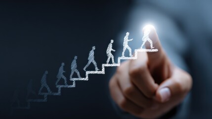 Wall Mural - Reaching for Excellence: A symbolic representation of growth and ambition, depicting a person ascending a staircase towards a radiant point of success.