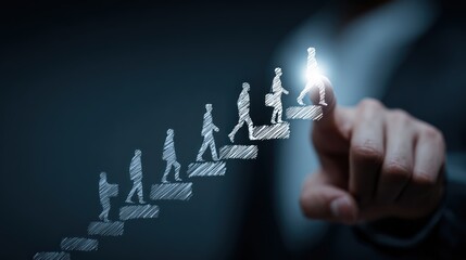 Wall Mural - Progressive Steps: Symbolic image depicts a person pointing to the last person going up the steps as a representation of career path, success, and potential in a visual metaphor.