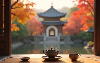 serene autumn tea ceremony view, korean garden pagoda background, peaceful zen moment, ideal for min