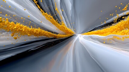 Poster - Abstract Artwork Featuring Yellow Particles and Flowing White and Gray Streams