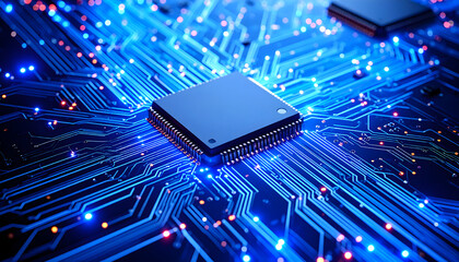 Illuminated Circuit Board with Central Processor and Blue Glowing Lines