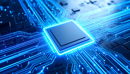 Illuminated Circuit Board with Glowing Processor, Futuristic Technology Concept.
