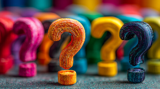 Colorful question mark displayed in a close-up view. other colorful question marks on a blurred background.