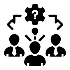 Poster - Illustration of three people with a lightbulb and gear question mark above their heads in black and white