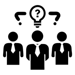 Poster - Three business people under light bulb with question mark and question marks on either side in black