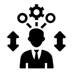 Poster - Person with gear and circles above head and arrows pointing up and down on either side icon style