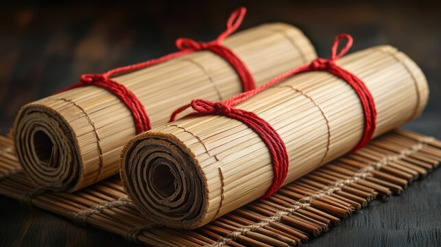 Ancient knowledge embodied in bamboo scrolls tied with vermillion thread