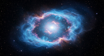 Wall Mural - Majestic celestial body, a vibrant ring nebula, displaying a bright core within swirling blue and pink cosmic dust