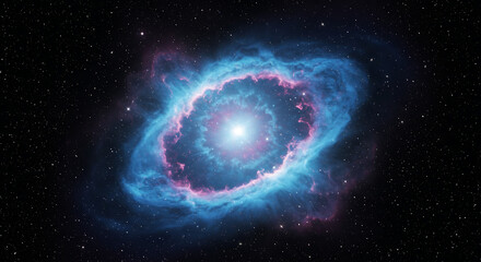 Wall Mural - Deep space illustration of a glowing ring nebula, highlighting its bright center and colorful blue and pink gas formations