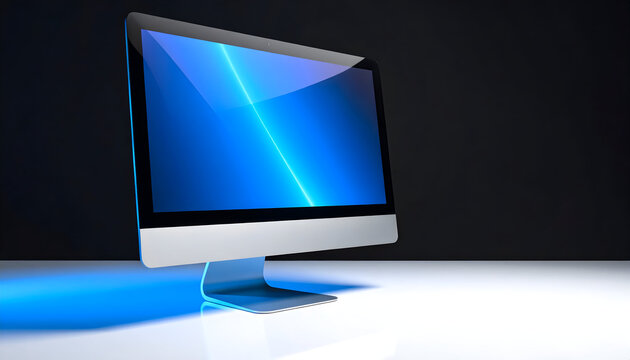 Modern Computer Display with Blue Screen and Dramatic Lighting on White Surface