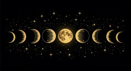 Poster - Golden moon phases with stars on a black background create a mesmerizing scene