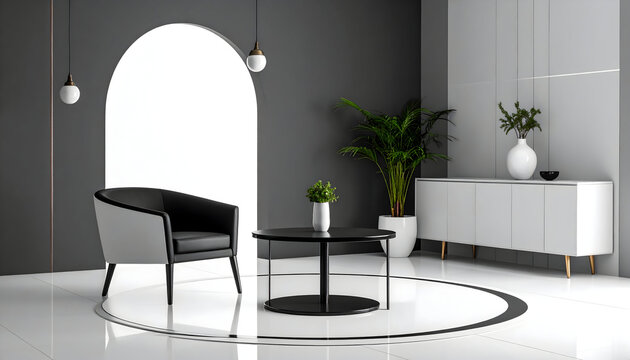 Modern interior with black armchair, round table, and plants in a minimalist setting