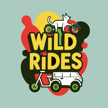 Playful illustration featuring a cat riding a motorcycle, scooter, and car with text.