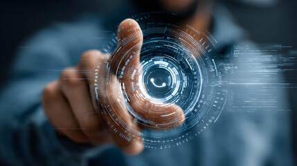 Poster - AI customer support for ecommerce concept. A person showcasing generative AI technology in a digital interface. AI for customer service.