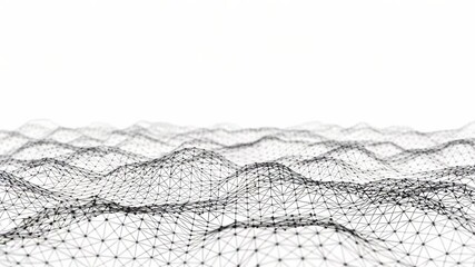 Poster - An abstract digital network of interconnected lines and dots forming a wavelike pattern on a white background
