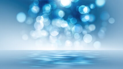 Poster - The tranquil scene showcases a smooth body of water reflecting a vibrant blue bokeh background, creating a peaceful atmosphere during dusk. Soft lights enhance the calmness of the moment.