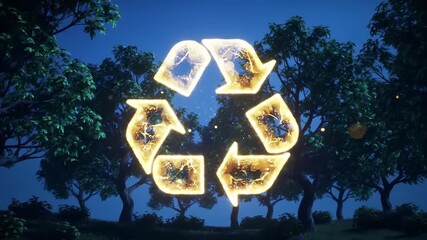 Poster - glowing recycle symbol shines among green trees night, symbolizing environmental protection, sustain