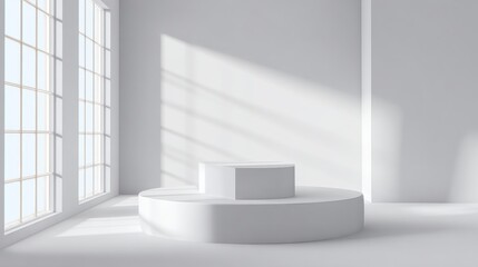 Poster - Bright, airy room showcasing a geometric display platform under natural light from large windows. The minimalist design emphasizes simplicity and space.
