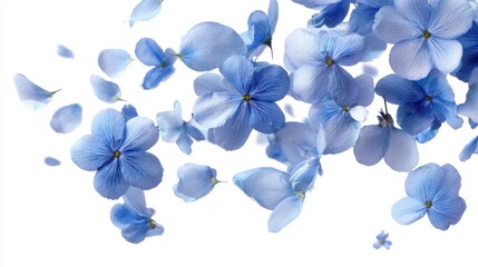 Poster - Various delicate blue flowers are scattered across a bright white background, exuding tranquility and beauty. This arrangement highlights their intricate structures and soft colors.