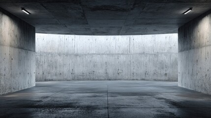 Poster - An expansive concrete space with smooth, polished floors and high walls reflects soft light from overhead fixtures. The environment feels tranquil and contemporary, perfect for creative projects.