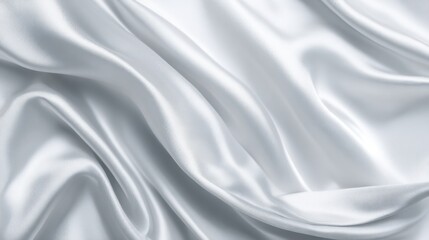 Poster - Soft and smooth white satin fabric is arranged in flowing waves, reflecting light beautifully and showcasing its luxurious texture and sheen. Perfect for elegant designs and decor.