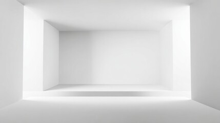 Poster - A spacious and bright empty room featuring clean white walls and sharp geometric lines. Ideal setting for art projects, photography sessions, or as an exhibition space.