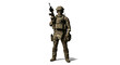 © Digitraz - Armed soldier in tactical gear holding rifle on white