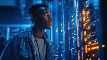 Fototapete - A young man stands in a data center, gazing at brightly lit server racks. The blue tones create a futuristic atmosphere as he contemplates the technology around him.