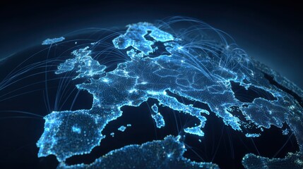 Poster - A detailed view showcases the digital landscape of Europe with bright lines connecting various locations, illustrating the flow of information and communication.