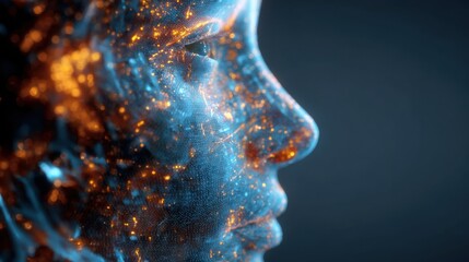Fototapete - A detailed representation of a figure's profile showcasing intricate glowing patterns and colors, evoking a sense of advanced technology and creativity.