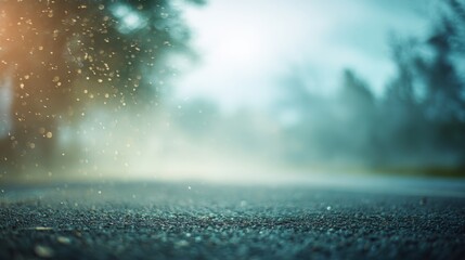 Wall Mural - raindrops fall softly, lifting mist from the asphalt of a deserted road. dim light filters through t