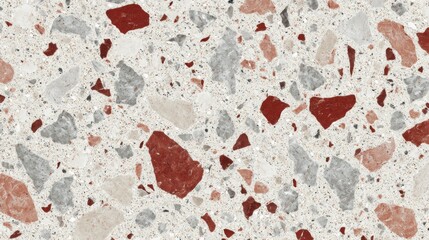 Poster - The flooring showcases a terrazzo surface made of a blend of red and gray stone chips set against a light background, ideal for modern interiors.