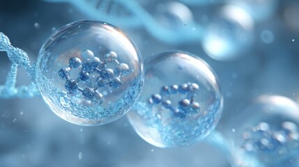 Poster - Droplets containing molecular structures are suspended in a watery environment, illustrating concepts of biology and chemistry. The visual representation emphasizes intricate details.
