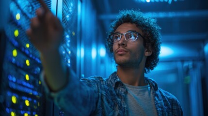Poster - A young technician with curly hair and glasses is inspecting server equipment in a data center. Blue lighting enhances the high-tech environment as he adjusts configurations.