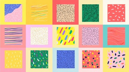 Poster - A grid composed of 16 colorful abstract patterns features diverse designs with lines, dots, and shapes. This artwork blends various hues in an inviting arrangement.