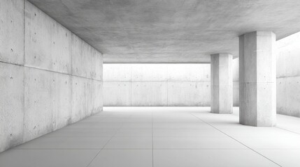 Poster - A vast and minimalistic interior space featuring smooth concrete walls and sturdy pillars. Natural light floods in, highlighting the simplicity of the design.