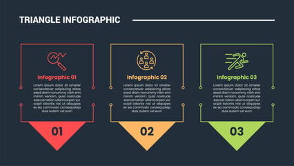Aufkleber - triangle shape infographic process diagram with box container with big arrow pointer bottom direction with 3 points dark background bright outline style