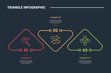 Aufkleber - triangle shape infographic process diagram with round triangle upside up down with dot connection unbalance with 3 points dark background bright outline style