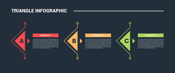 Aufkleber - triangle shape infographic process diagram with arrow triangle pointer on horizontal direction with 3 points dark background bright outline style