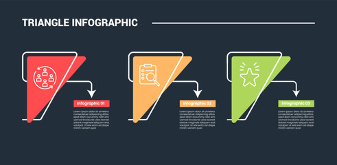 Aufkleber - triangle shape infographic process diagram with standing triangle with line arrow revolve around with 3 points dark background bright outline style