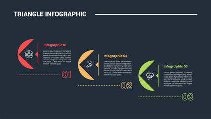 Aufkleber - triangle shape infographic process diagram with arrow triangle from circle cut step decrease with 3 points dark background bright outline style