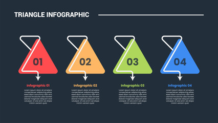 Aufkleber - triangle shape infographic process diagram with perfect pyramid with line arrow stick with bottom direction with 4 points dark background bright outline style