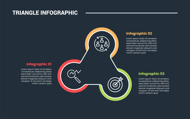 Aufkleber - triangle shape infographic process diagram with creative circle spinner combination cycle circular with 3 points dark background bright outline style