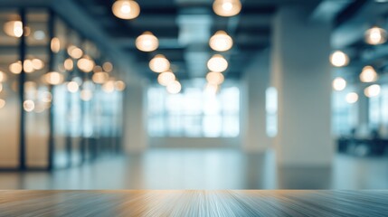 Poster - A spacious office features soft lighting, creating a calm atmosphere. The wooden table in the foreground contrasts with the bright, blurred background of glass partitions and open spaces.
