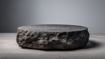 Poster - A round, flat stone with a rugged surface rests on a smooth, neutral-toned table in a contemporary studio. The lighting enhances its texture and shapes, creating an artistic ambiance.