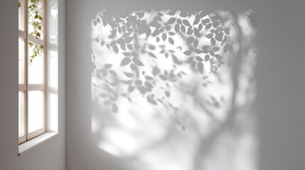 Poster - Sunlight filters through a window, creating delicate leaf shadows on a nearby white wall, enhancing the serene atmosphere of the room adorned with greenery.