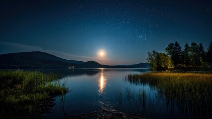 Wall Mural - A calm lake reflects the bright moonlight as stars twinkle in a clear night sky. Trees line the shore, and distant hills create a serene backdrop, enhancing the peaceful atmosphere.