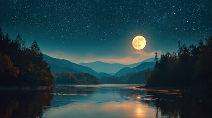 Wall Mural - A serene river reflects a bright full moon and stars as twilight descends. Silhouettes of mountains and trees create a picturesque backdrop, enhancing the tranquil vibe.